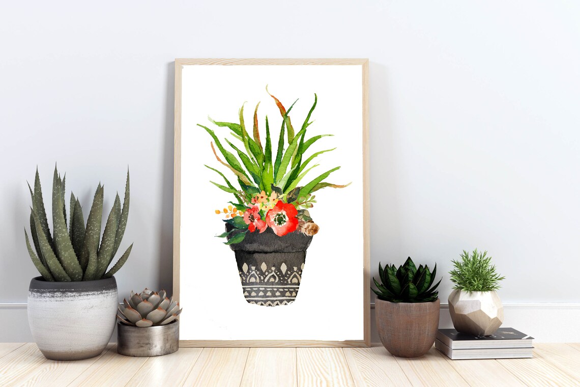 Red Poppies Potted Plant Watercolor Botanical Still Life Poster - Image 2