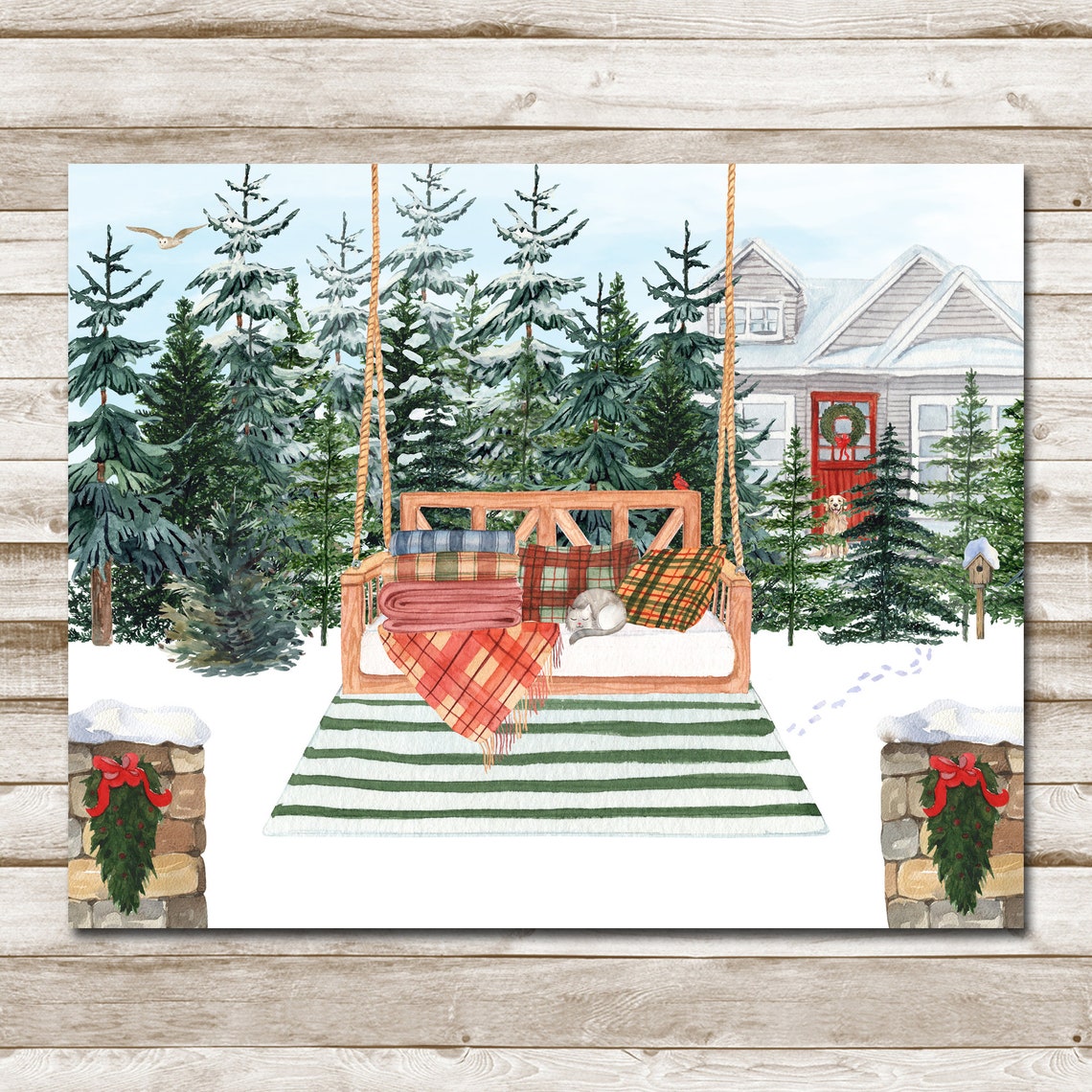 Snowy Porch Swing With Sleeping Cat Christmas Cabin Scene Wall Art - Image 4