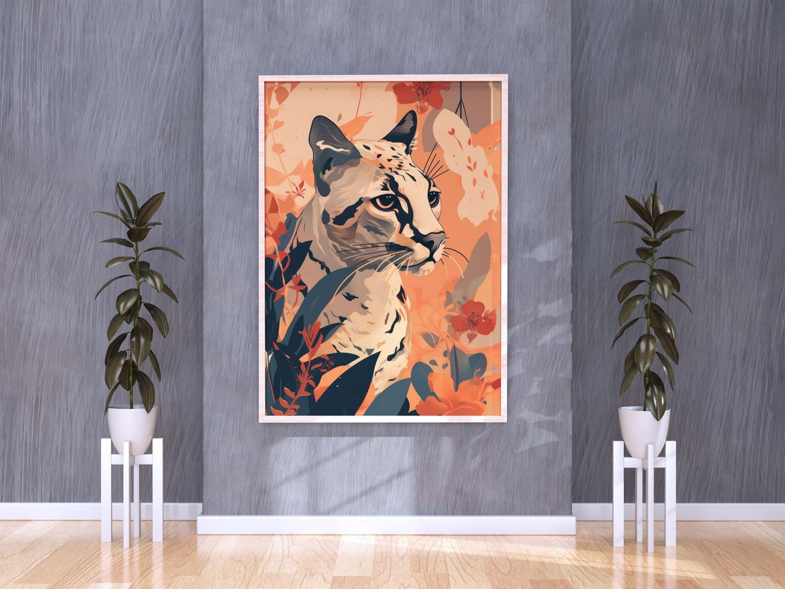Ocelot Portrait Among Warm Florals Modern Wildcat Art Poster - Image 3