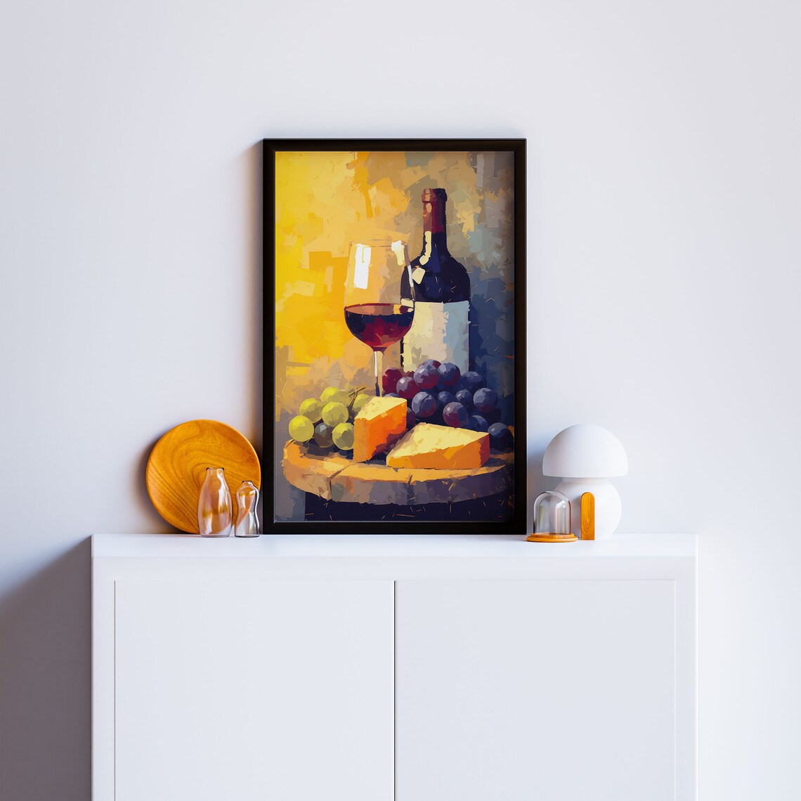 Red Wine Bottle Glass Cheese Grapes Warm Still Life Painting Poster