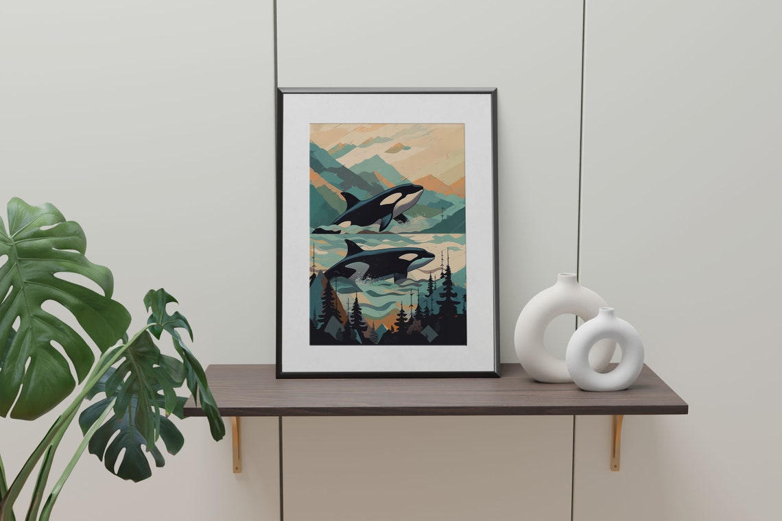 Two Orcas Breaching Before Mountain Fjords Wildlife Art Poster - Image 3