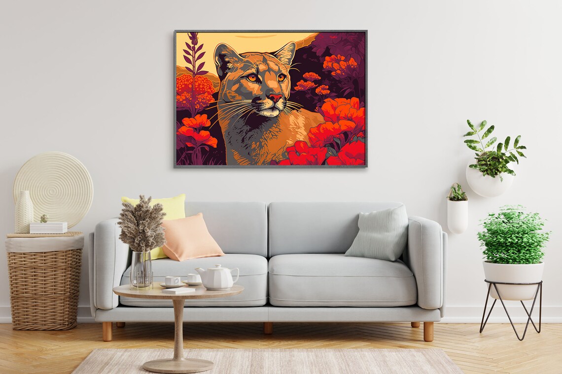 Cougar Portrait Red Poppies Modern Wildlife Illustration Poster - Image 2