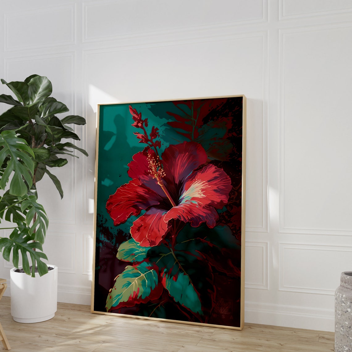 Red Hibiscus Tropical Flower Bloom Teal Botanical Art Poster - Image 2