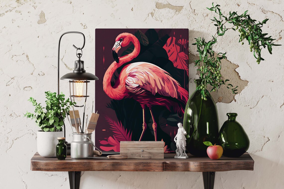 Pink Flamingo Poster Dark Burgundy Tropical Bird Moody Room Decor - Image 2