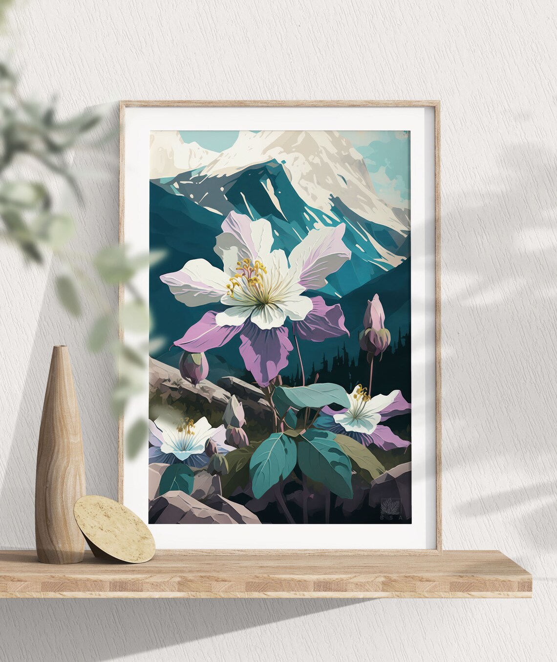 Columbine Wildflower With Snowy Mountain Peaks Landscape Poster
