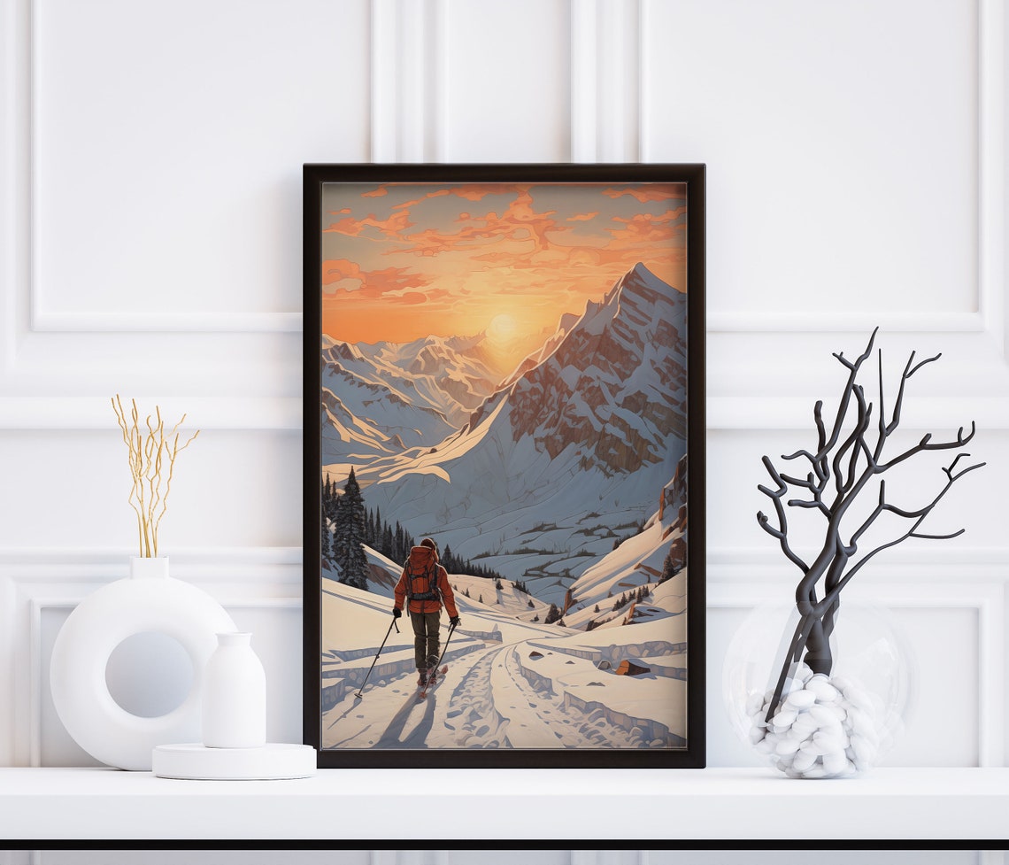 Sunset Hiker Red Backpack Snowy Ridge Alpine Golden Hour Wall Art - Image 2
