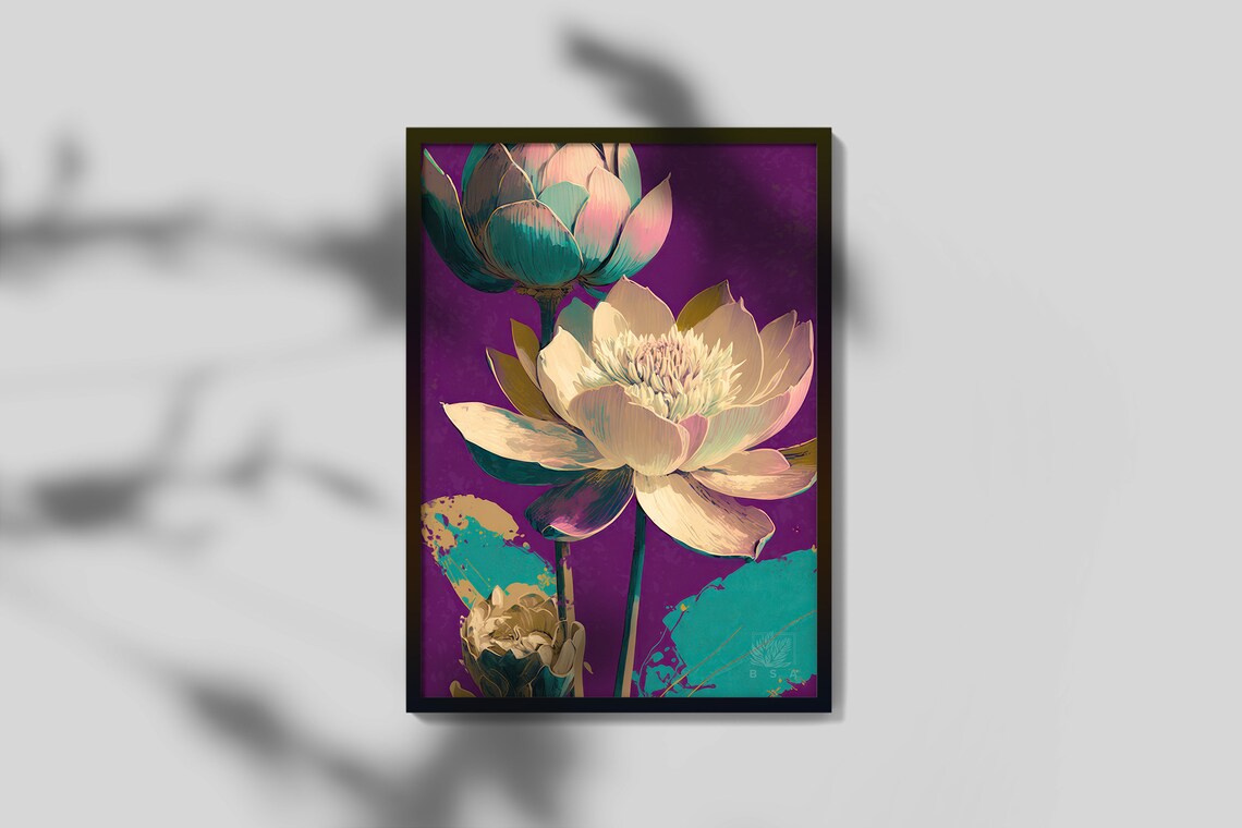 White Lotus Flower Blossoms Over Dark Purple Botanical Poster - Image 2