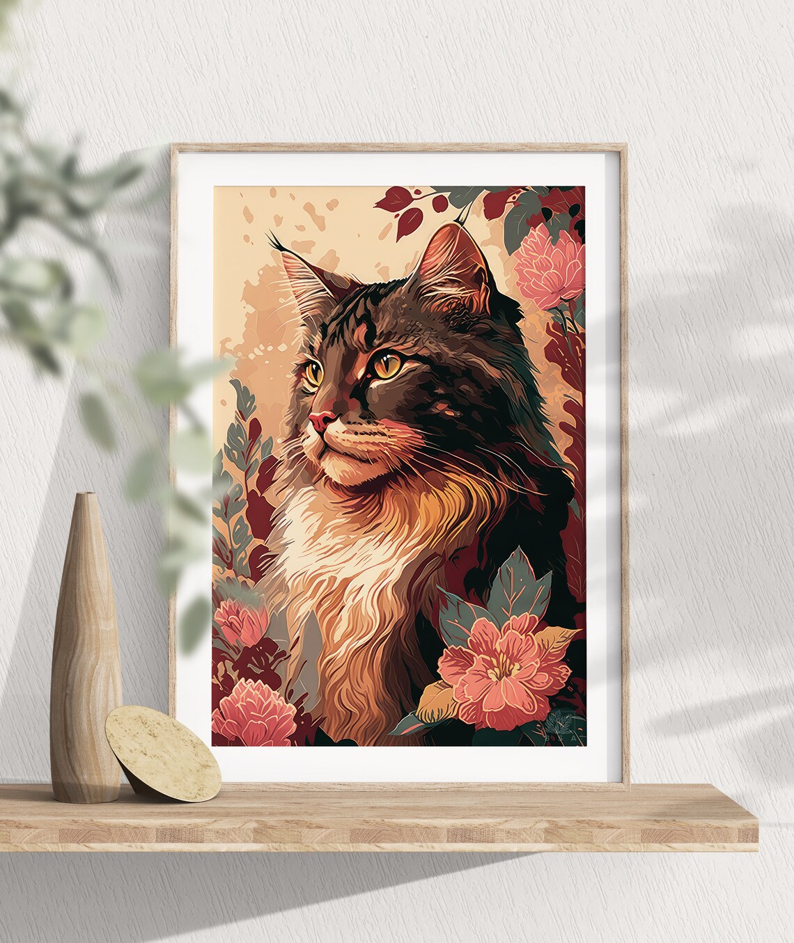 Maine Coon Cat Portrait Amber Eyes Autumn Flower Garden Poster - Image 3