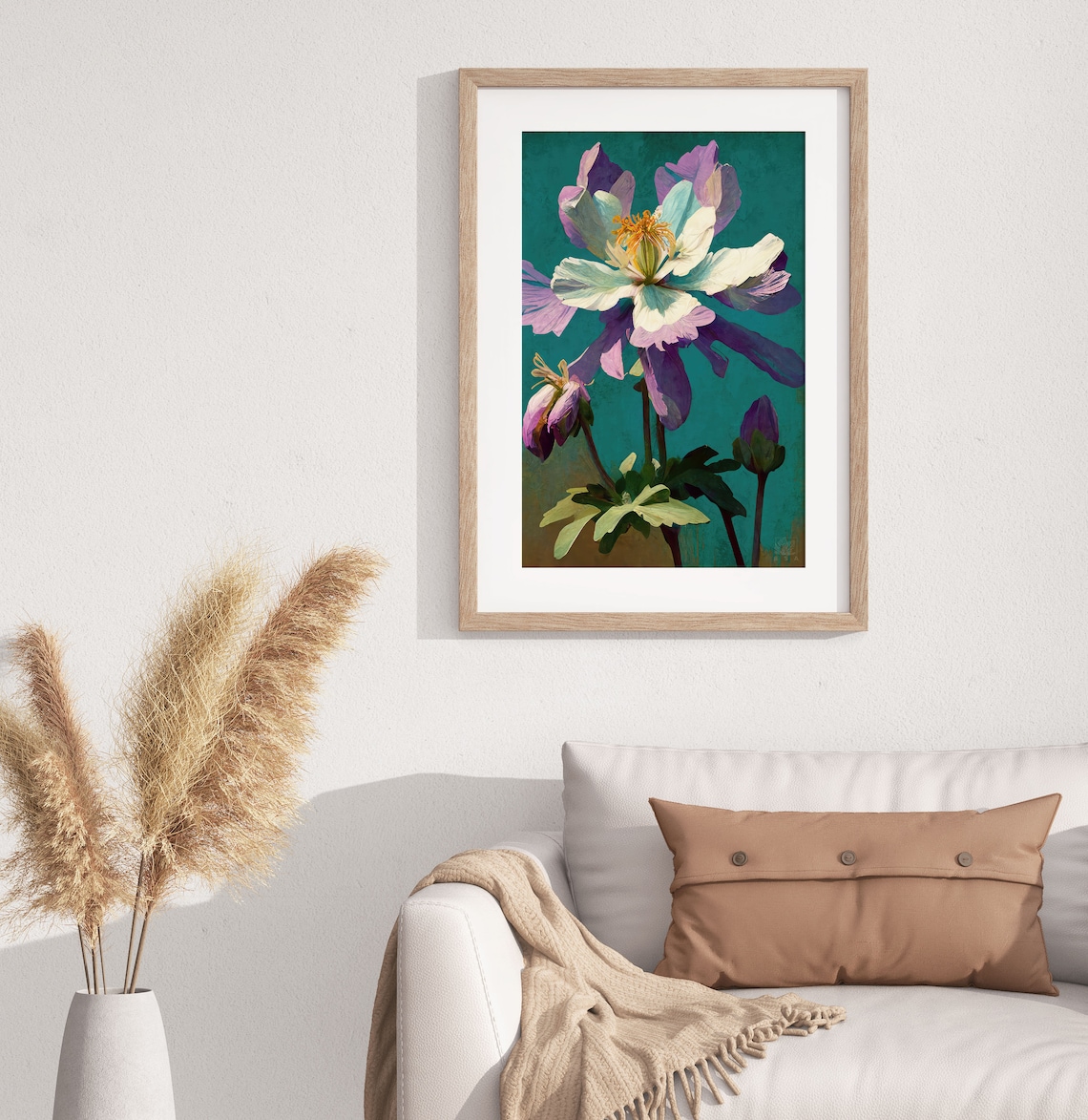 Purple Columbine Flower Painterly Teal Botanical Garden Art Poster - Image 2