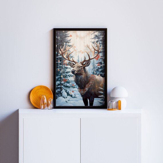 Majestic Elk Stag Snowy Pine Forest Winter Wildlife Scene Wall Art