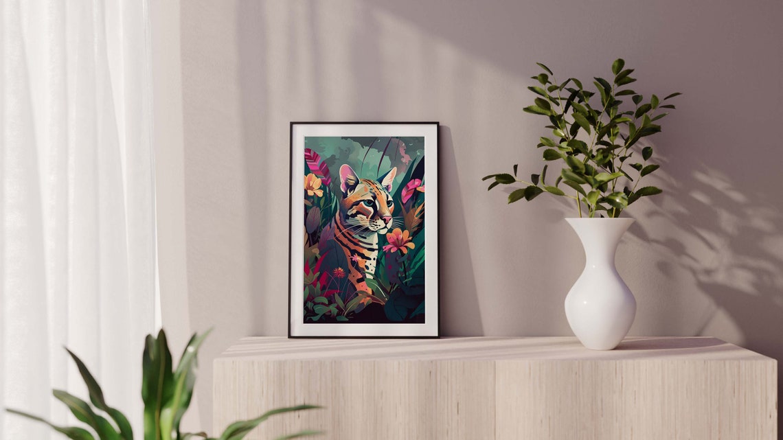 Ocelot Jungle Cat Surrounded by Tropical Flowers Feline Art Poster - Image 2