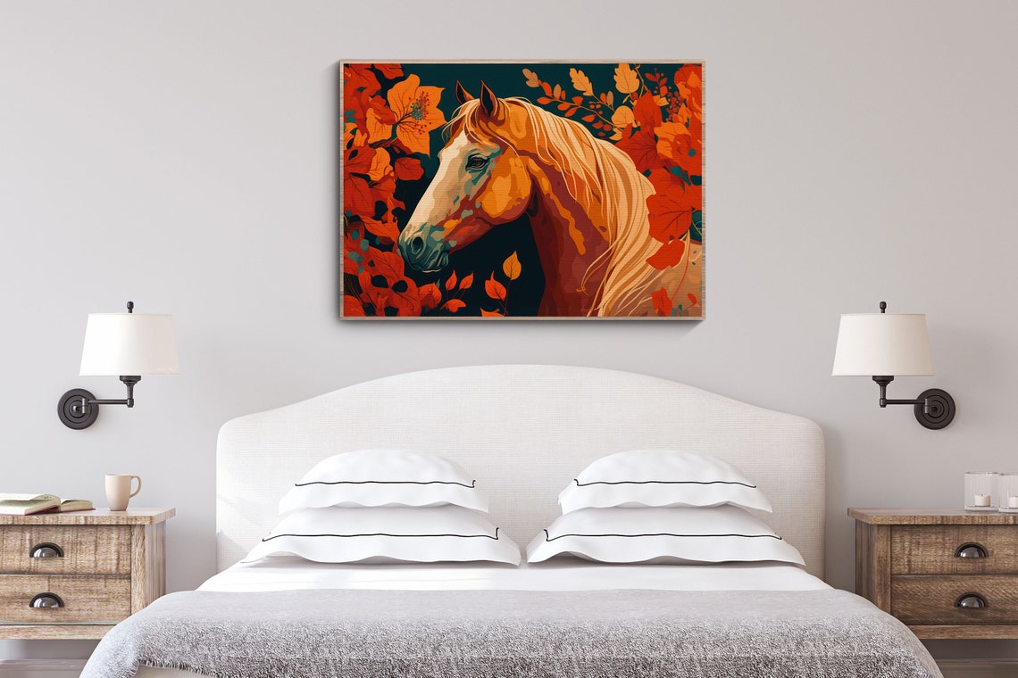 Farmhouse Horse Decor Print Horse Painting Print Horses Portrait In Leaves Farmhouse Art Large Horse Poster - Image 3