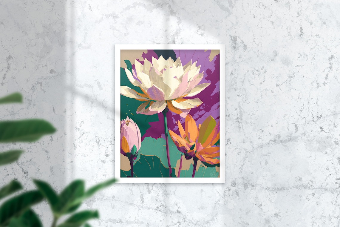 Serene White Lotus Bloom And Buds Violet Garden Ground Poster - Image 3