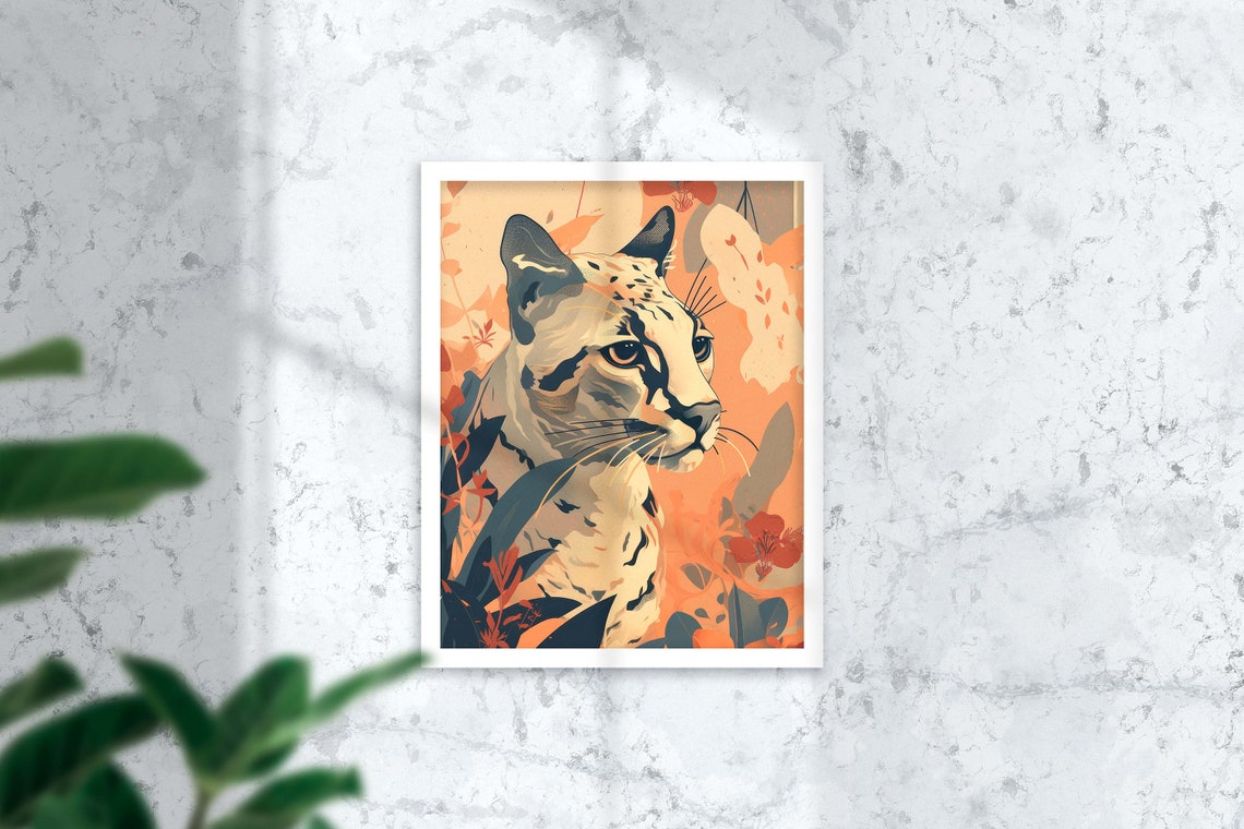 Ocelot Portrait Among Warm Florals Modern Wildcat Art Poster - Image 2