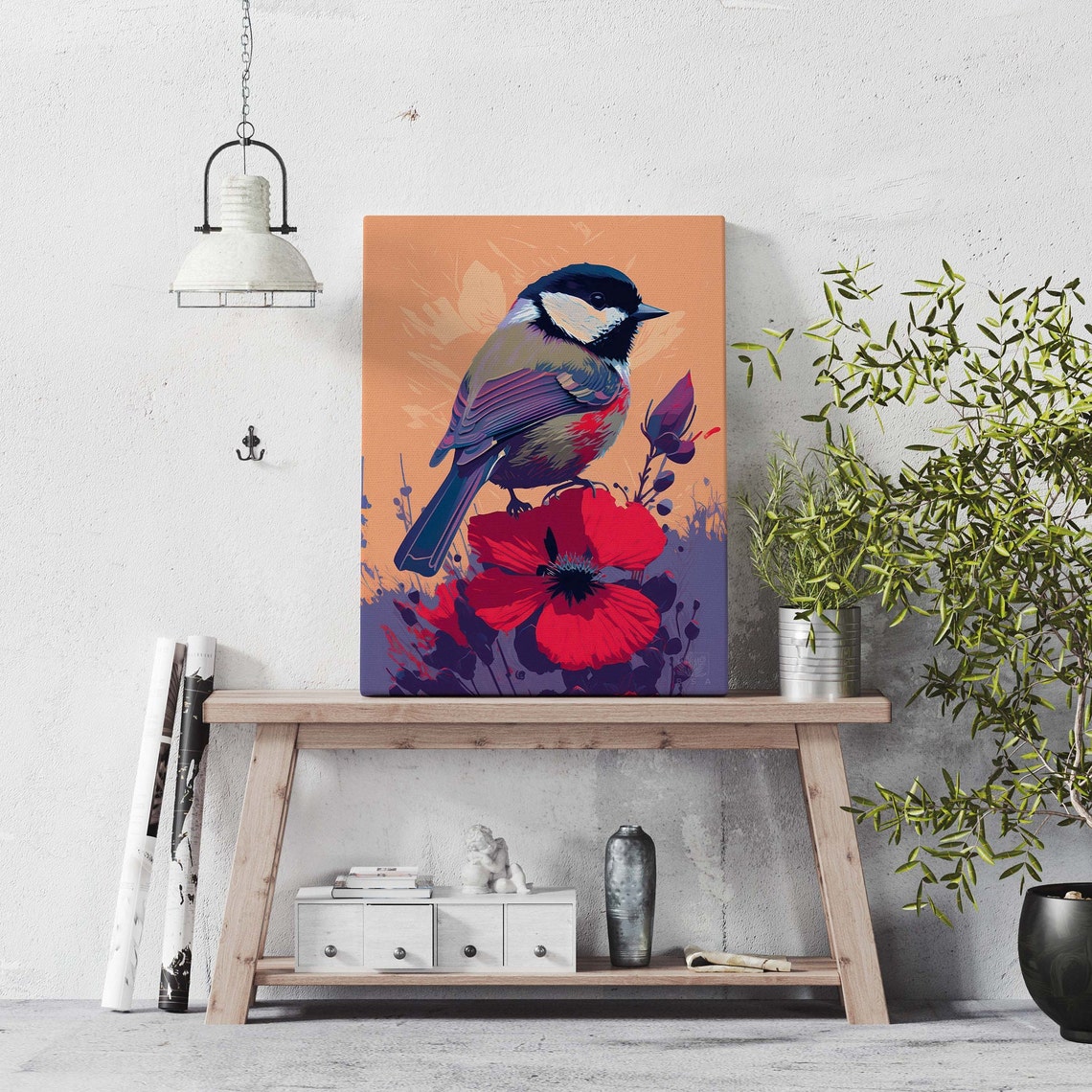 Chickadee On Red Poppy Poster Peach Background Bold Floral Bird Art - Image 2