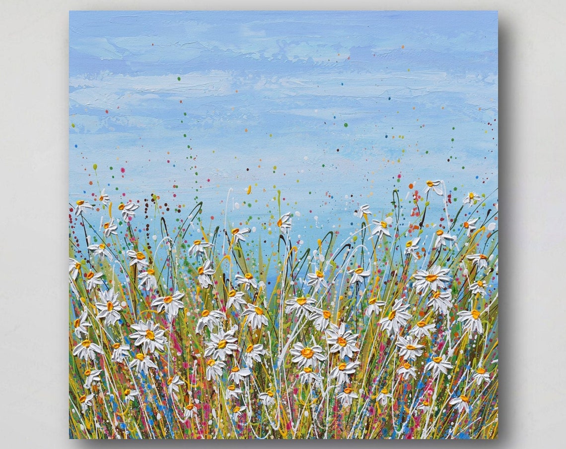 White Daisy Field Blue Sky Square Summer Floral Impasto Art Print