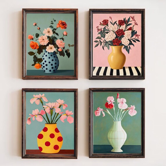 Retro Floral Vase Set, Pop Art Botanical Poster