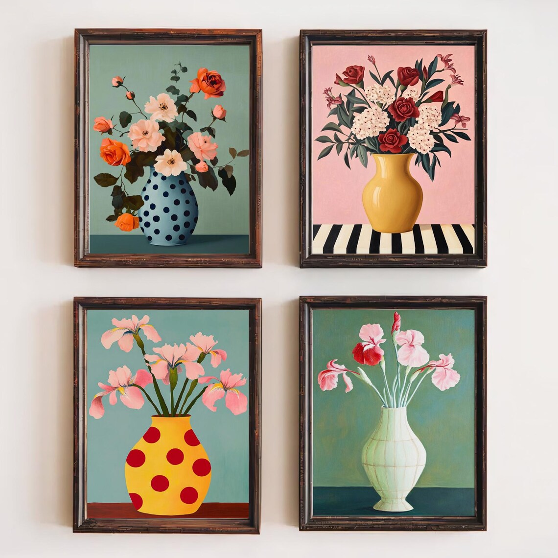Retro Floral Vase Set, Pop Art Botanical Poster