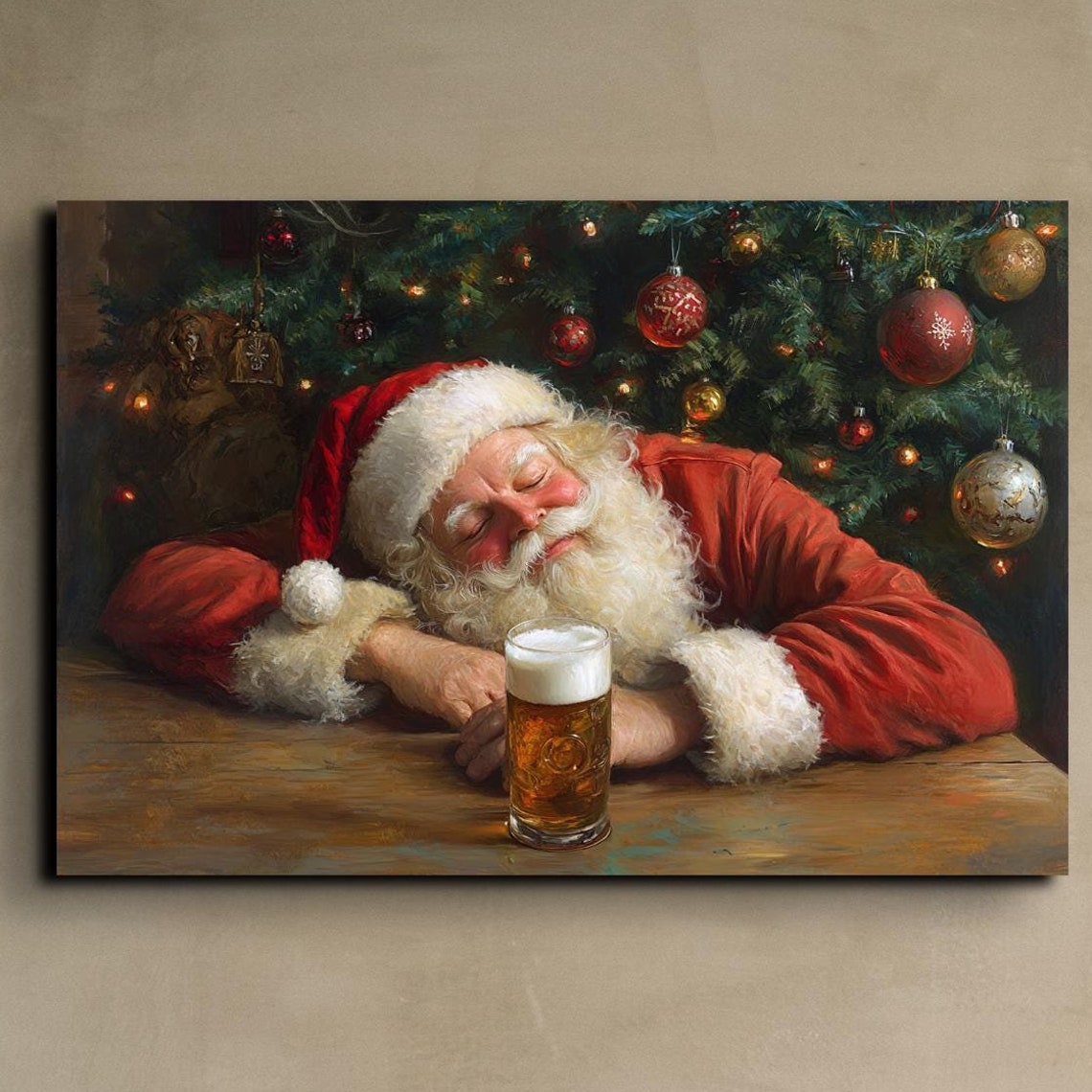Drunk Santa Asleep At Table With Beer Mug Christmas Decor Poster