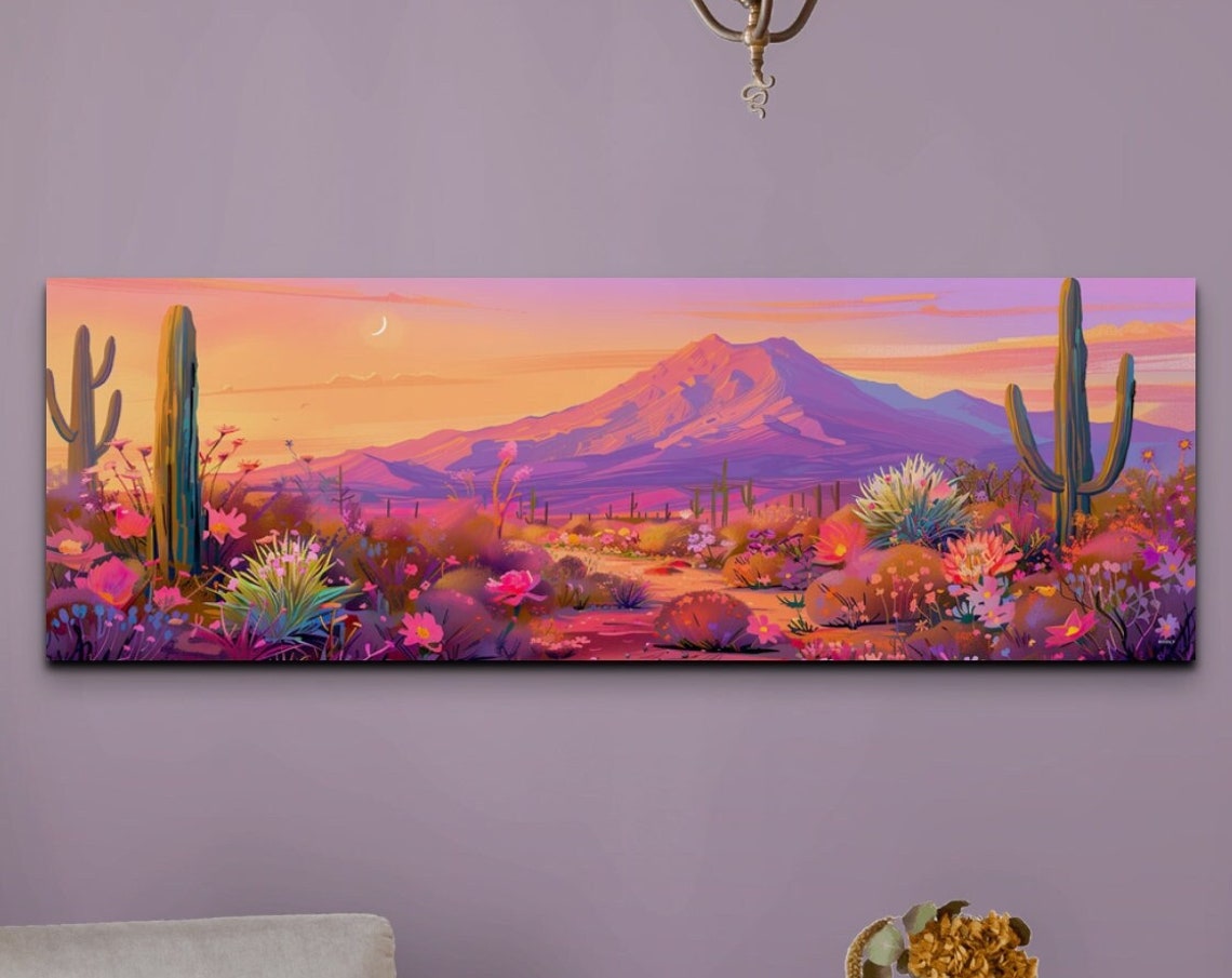 Desert Sunset Panoramic Saguaro Cacti Moon Southwestern Poster