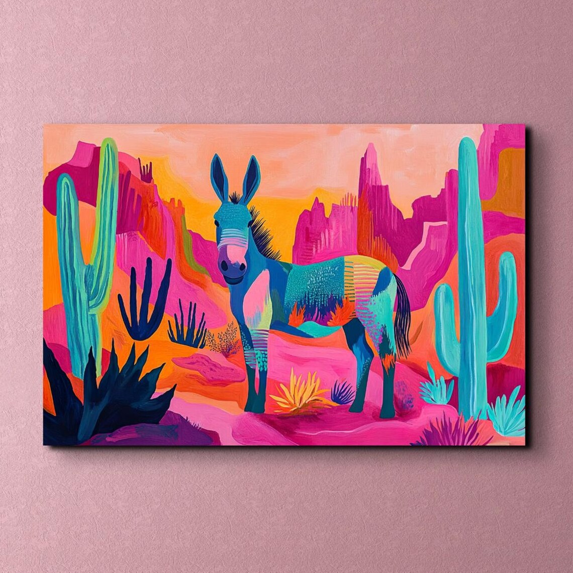 Colorful Desert Donkey Cactus Sunset Whimsical Animal Art Poster