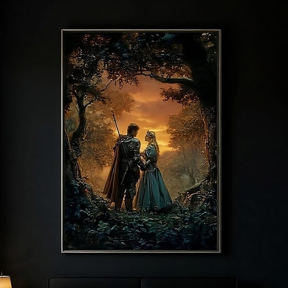Framed Medieval Knight Princess Art Dark Romance Sunset Painting