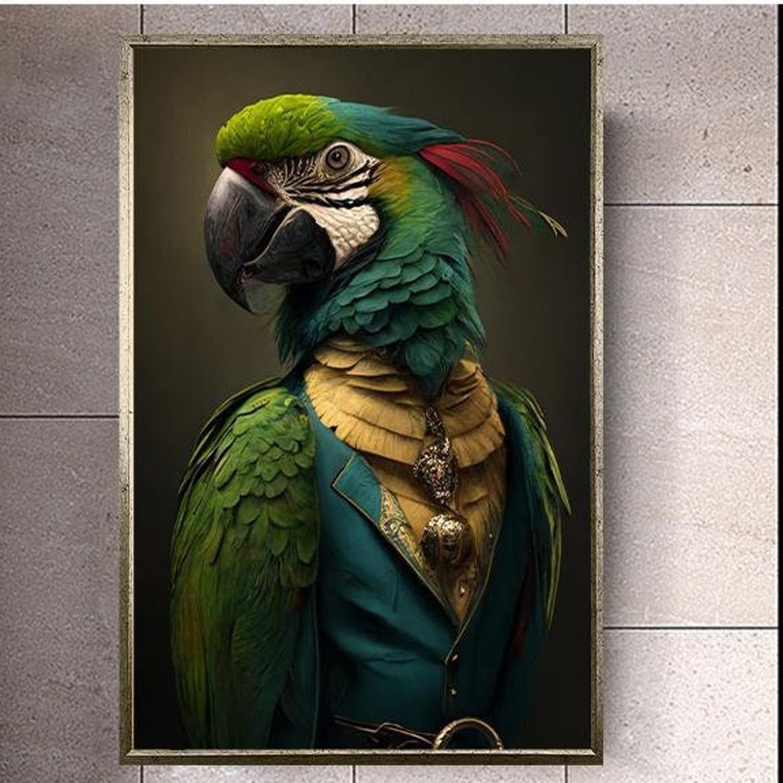 Green Parrot In Vintage Suit Aristocratic Bird Portrait Poster
