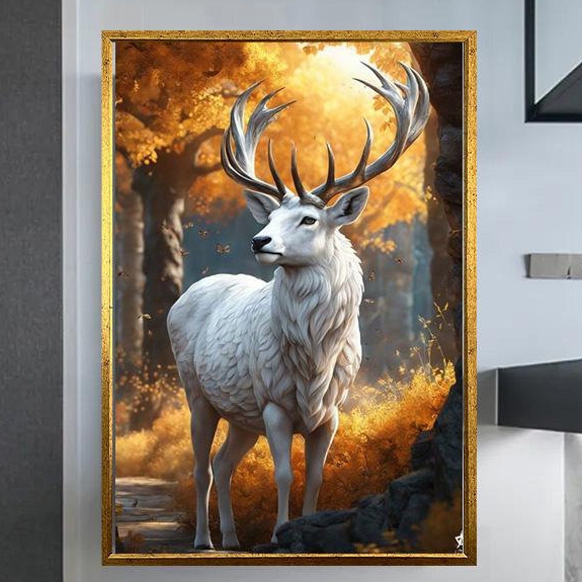 White Stag With Grand Antlers In A Golden Autumn Forest Art Poster - Image 5