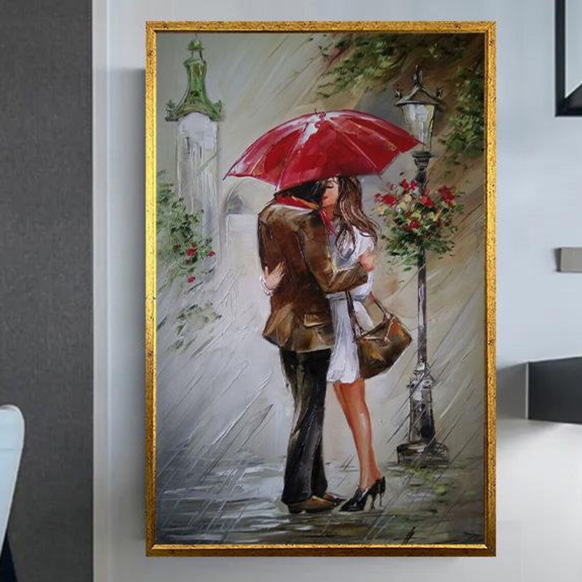 Romantic Couple Kissing Under A Red Umbrella In The Rain Poster