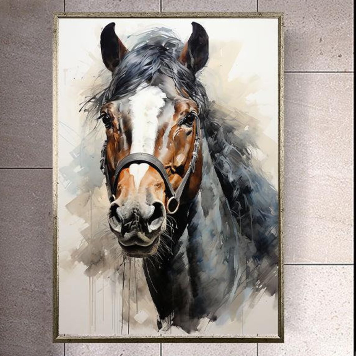 Bay Horse Portrait Watercolor Style Majestic Equine Wall Art