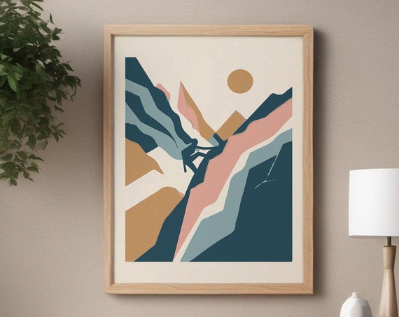 Abstract Rock Climber Wall Art Poster In Pastel Colors For Mountain Climber I Framed Contemporary Climbing Print For Bouldering Friend Gift