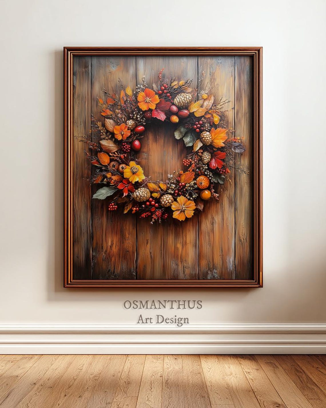 Rustic Autumn Wreath on Wooden Barn Door Fall Harvest Poster