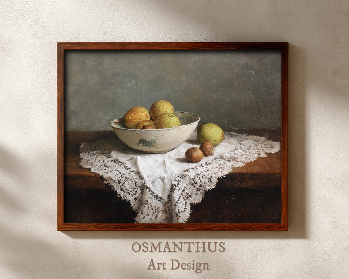 Vintage Pear Still Life Oil Painting Fruit Bowl Lace Runner Poster