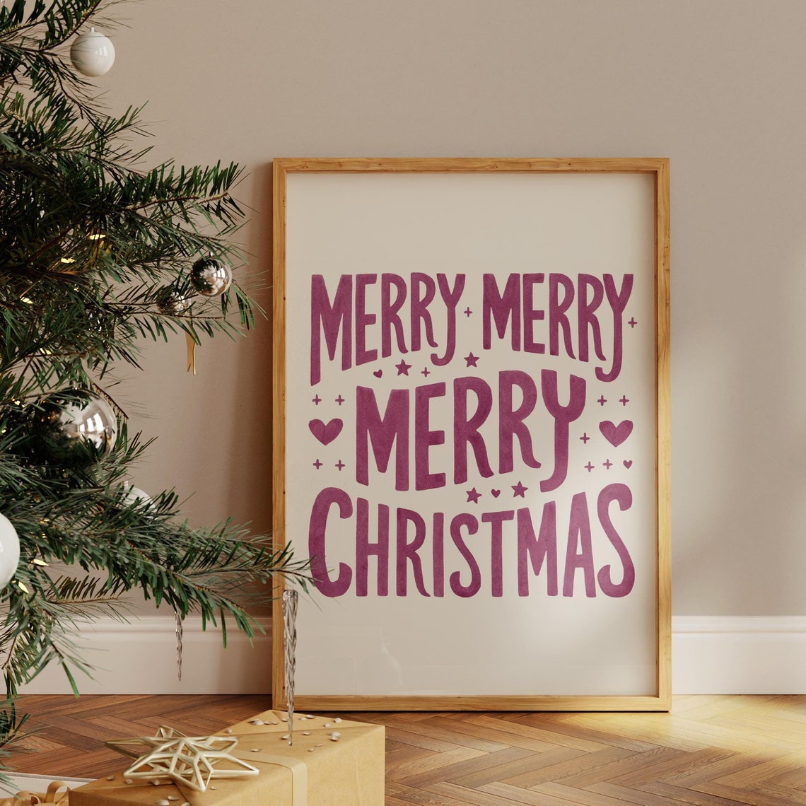 Merry Merry Christmas Maroon Hand Lettered Framed Wall Poster