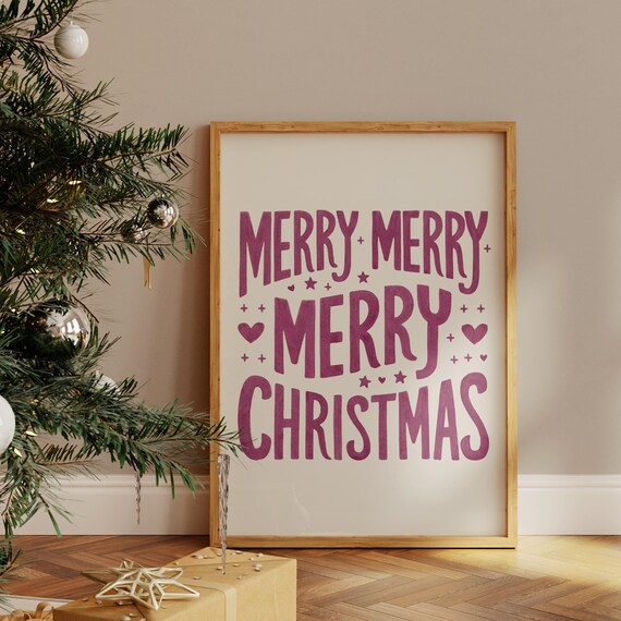 Merry Merry Christmas Maroon Hand Lettered Framed Wall Poster
