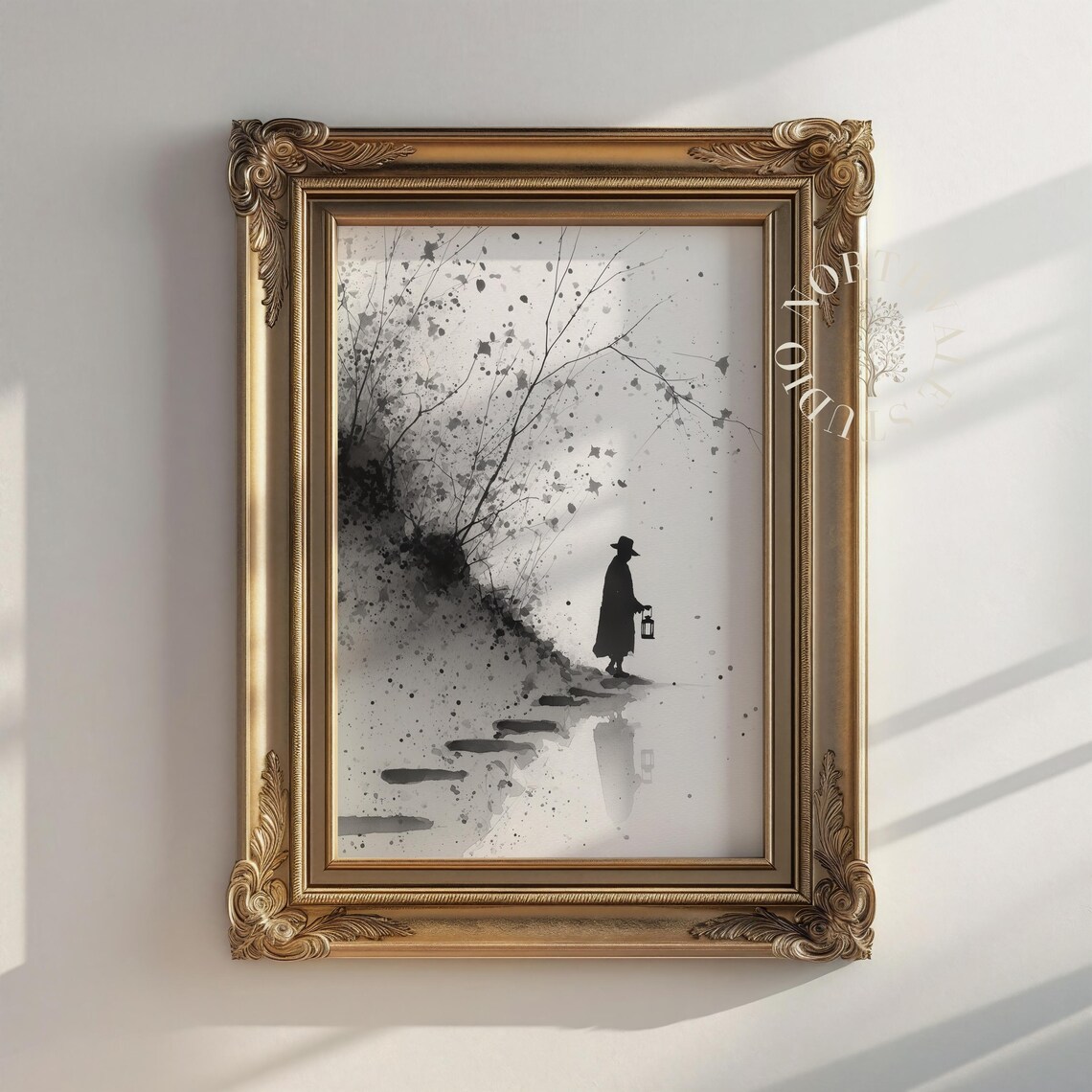 Ghostly Figure Ink Drawing, Minimalist Lantern Scene