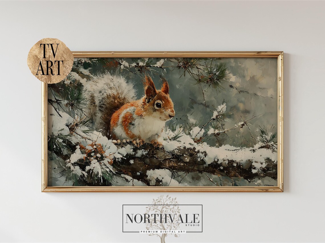 Winter Red Squirrel Snowy Pine Branch Vintage Wildlife Poster