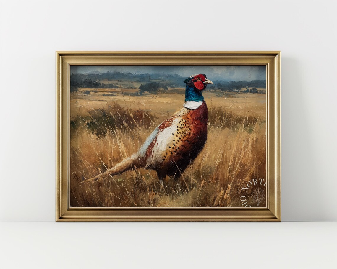 Ring Necked Pheasant Painting in Golden Field Vintage Wildlife Oil Art Poster