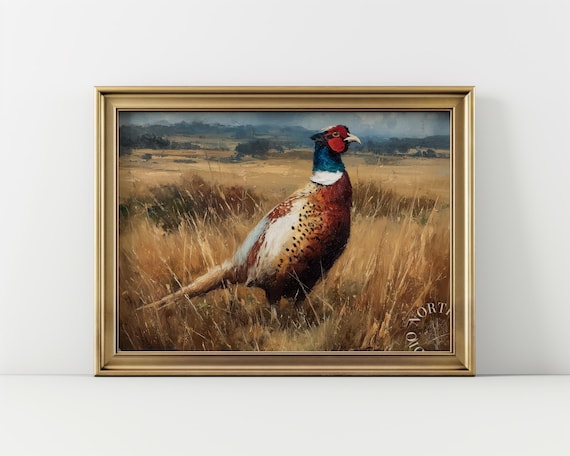 Rustic Pheasant Painting In Golden Field Earthy Wildlife Art Vintage Farmhouse Decor Autumn Country Landscape Print 171