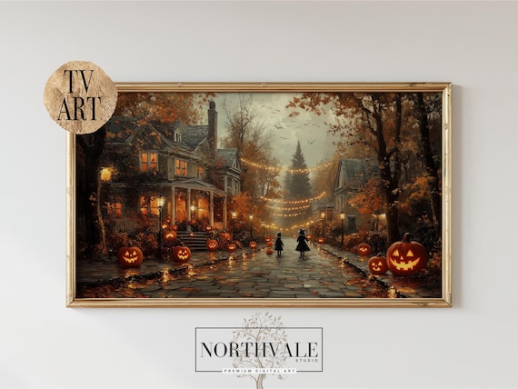 Vintage Autumn Street Tv Art Halloween Pumpkin Scene Frame Cosy Fall Decor Suburban Wall 130