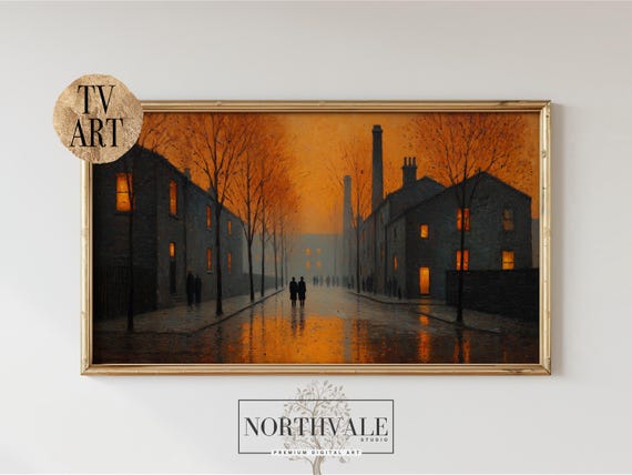 Moody Cityscape Frame Tv Art Evening Urban Scene For Samsung Dramatic Factory Silhouette Industrial Wall Decor 39