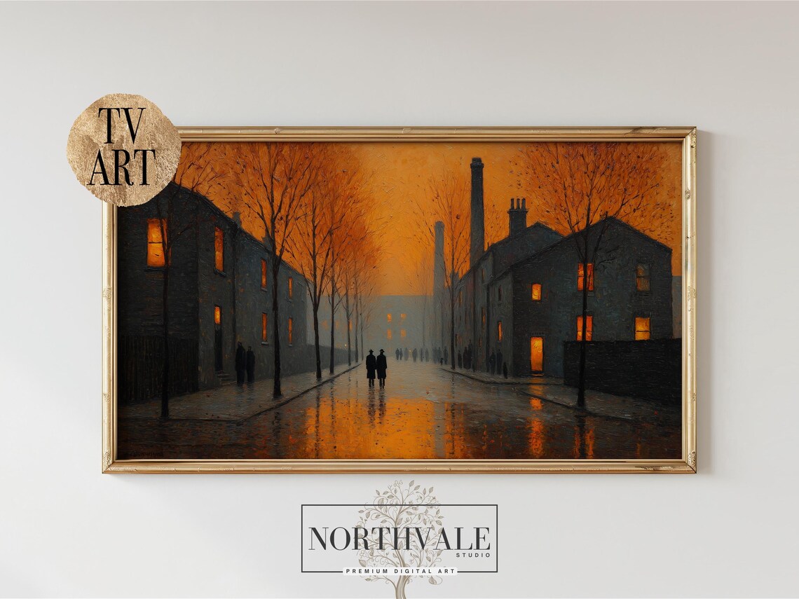 Moody Dusk City Street Oil Painting with Glowing Windows and Chimneys Poster