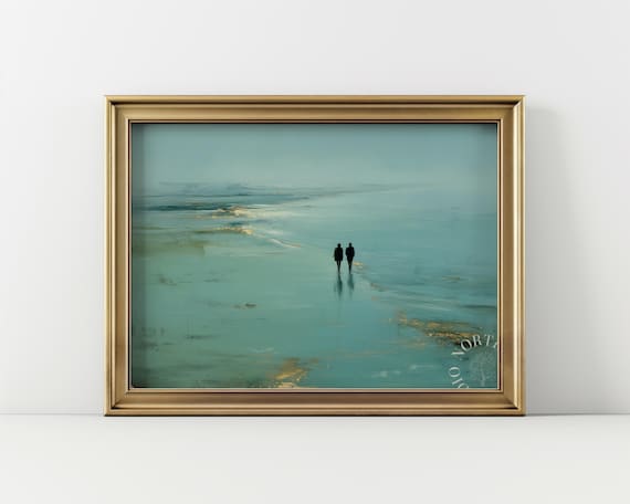 Coastal Beach Walkers Minimalist Turquoise Sea Serene Impressionist Print