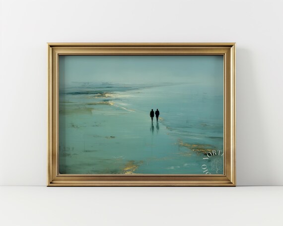 Coastal Beach Walkers Painting Minimalist Impressionist Art Wall Decor Tranquil Ocean Scene Serene Canvas Print 154