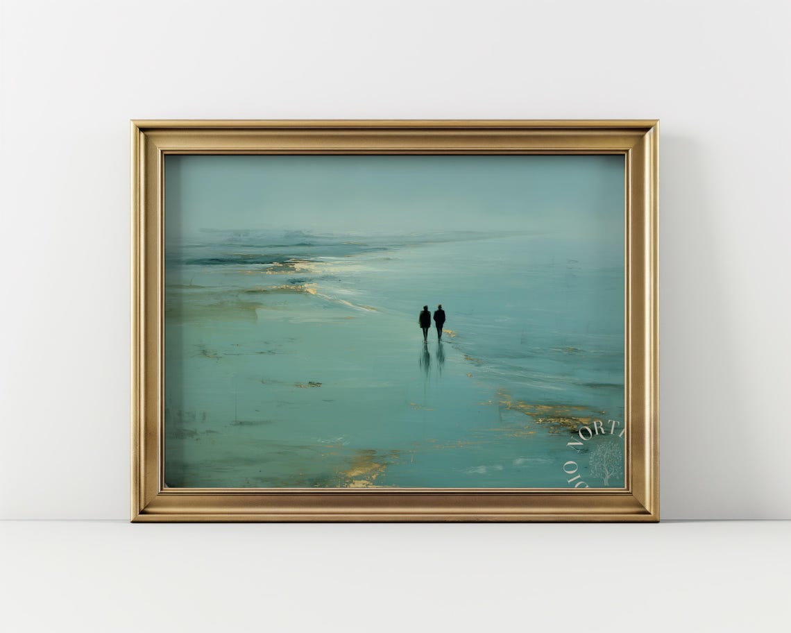 Coastal Beach Walkers Painting Minimalist Impressionist Art Wall Decor Tranquil Ocean Scene Serene Canvas Print 154