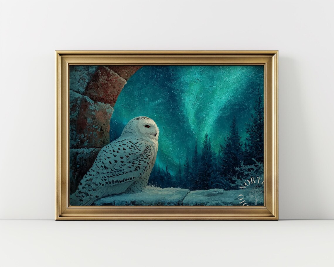 Snowy Owl Under Northern Lights, Vintage Art Print