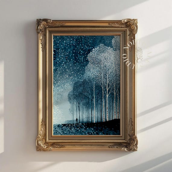 Minimalist Trees On Dark Blue Background Forest Night Scene Ethereal Wall Art Winter Landscape Decor Painting 90