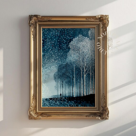 Snowy Birch Forest Falling Snow Tiny Figure Winter Scene Poster