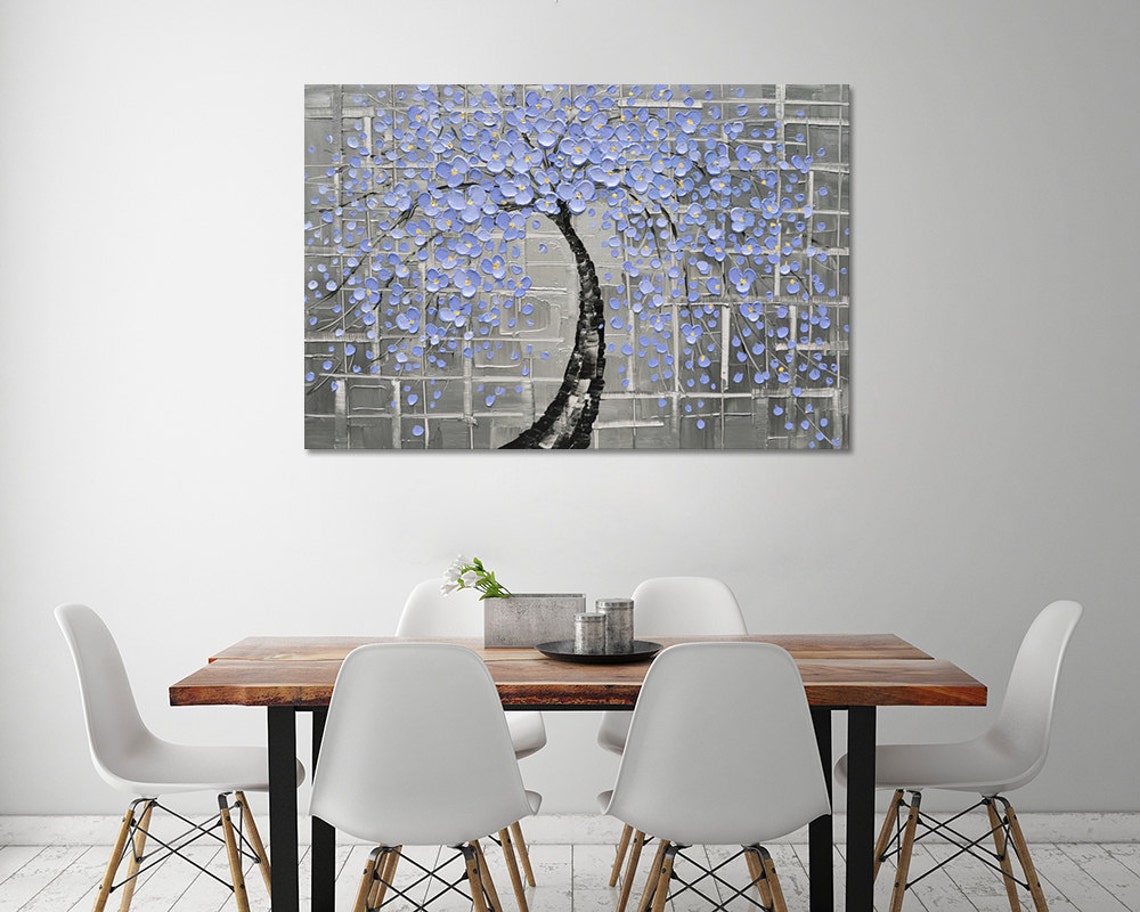 Lavender Flower Tree On Textured Silver Grey Oil Paint Poster - Image 2