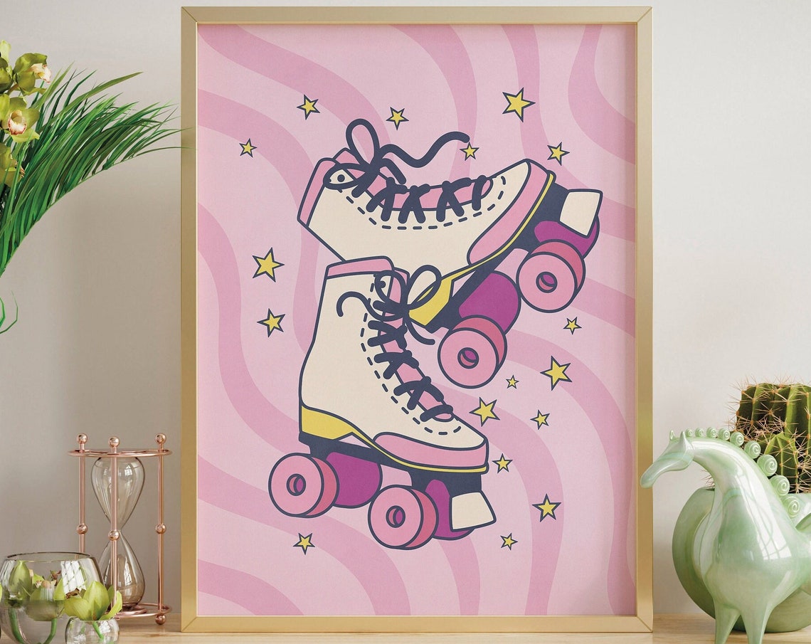 Funky Roller Skate Pair Illustration on Pink Wave Art Poster - Image 3
